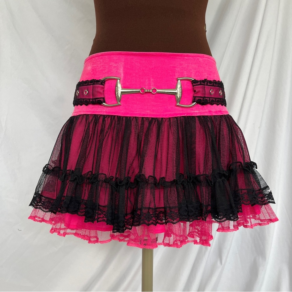Vintage 1990s or Y2k Tripp NYC by Daang Goodman Neon Pink Denim Tutu Mini Skirt